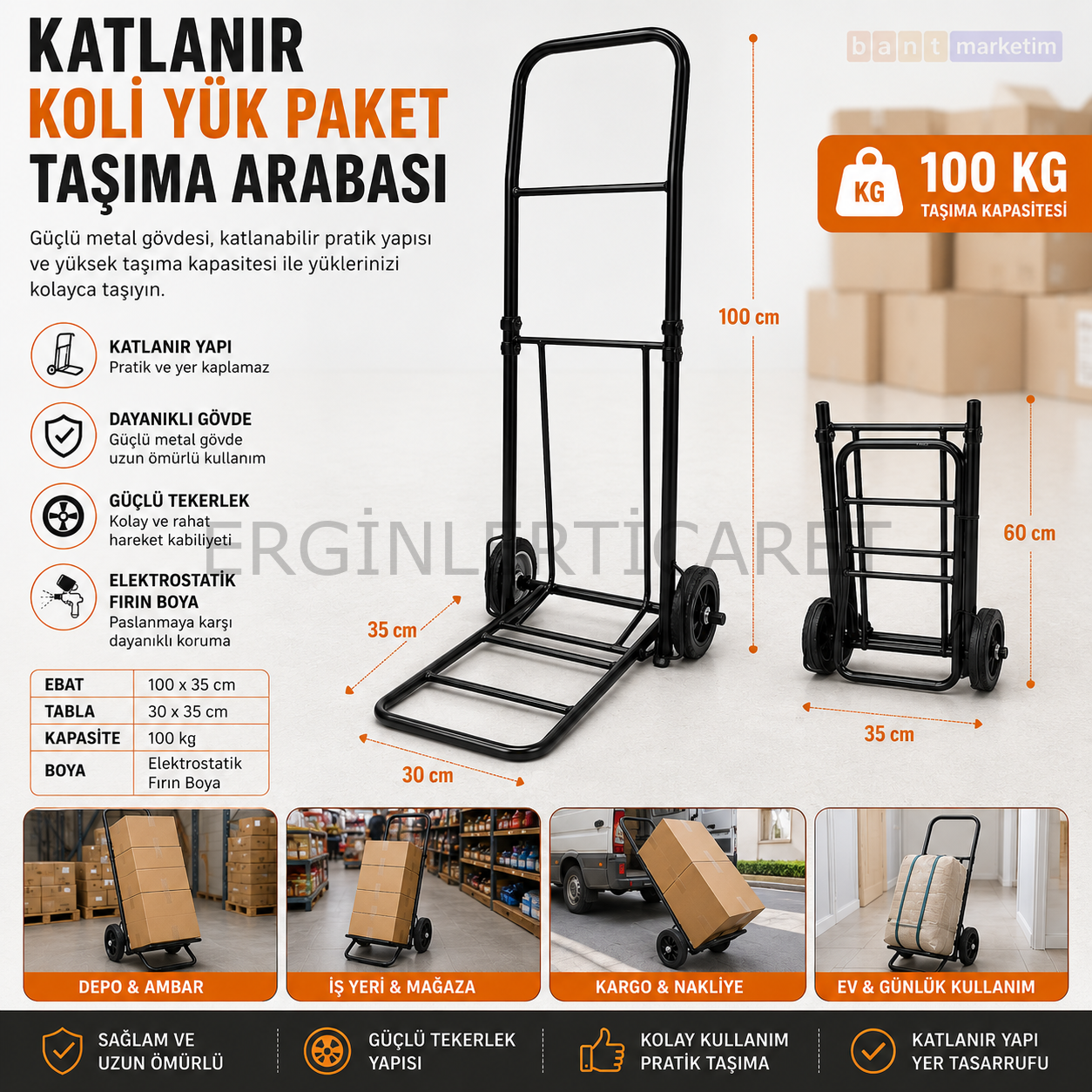 Katlanır Koli Yük Taşıma Arabası 100 kg Kapasiteli Portatif El Arabası 100x35 cm