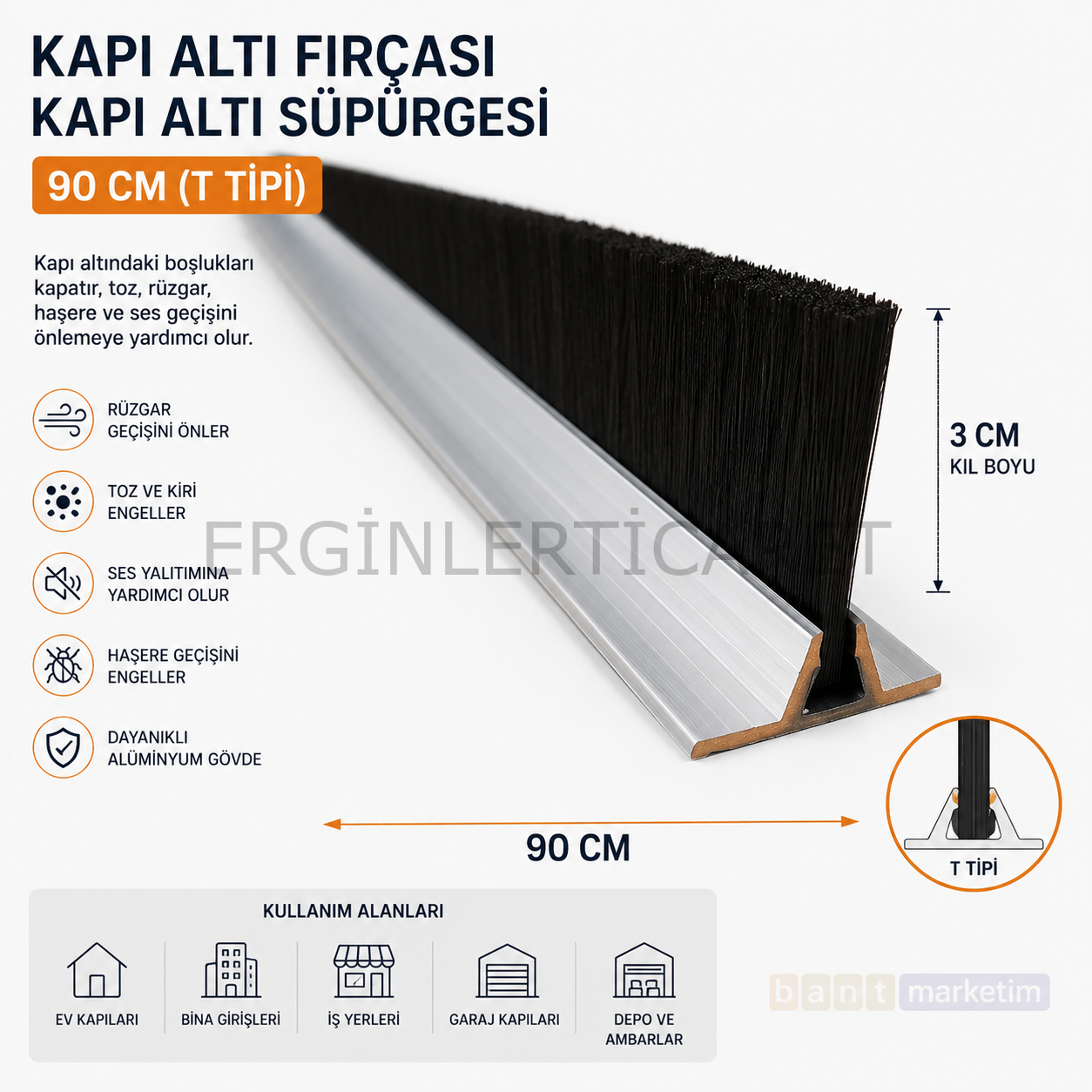 Kapı Altı Fırçası Kapı Altı Süpürgesi 90 Cm (t Tipi) 3cm Kıl Boyu