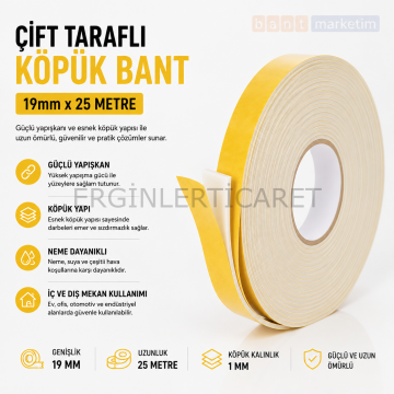 Çift Taraflı Köpük Bant 19mm x 25 Metre Yapışkanlı Sünger Bant Montaj Sabitleme İzolasyon Bandı