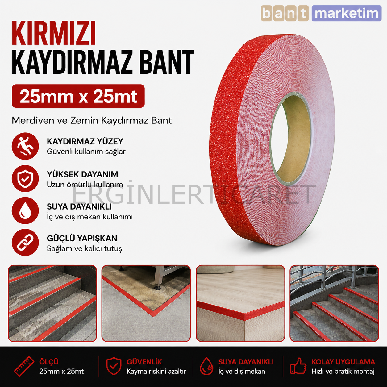 Kırmızı Merdiven ve Zemin Kaydırmaz Bant 25mm x 25mt – Kaymaz Antislip Bant