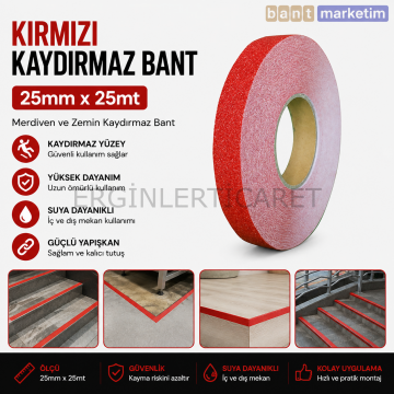 Kırmızı Merdiven ve Zemin Kaydırmaz Bant 25mm x 25mt – Kaymaz Antislip Bant