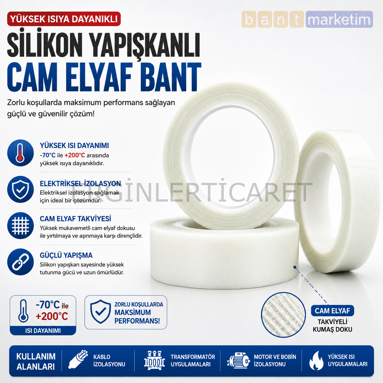 Silikon Yapışkanlı Cam Elyaf Bant Yüksek Isı Dayanıklı Elektrik İzolasyon Bandı 15mmx33m