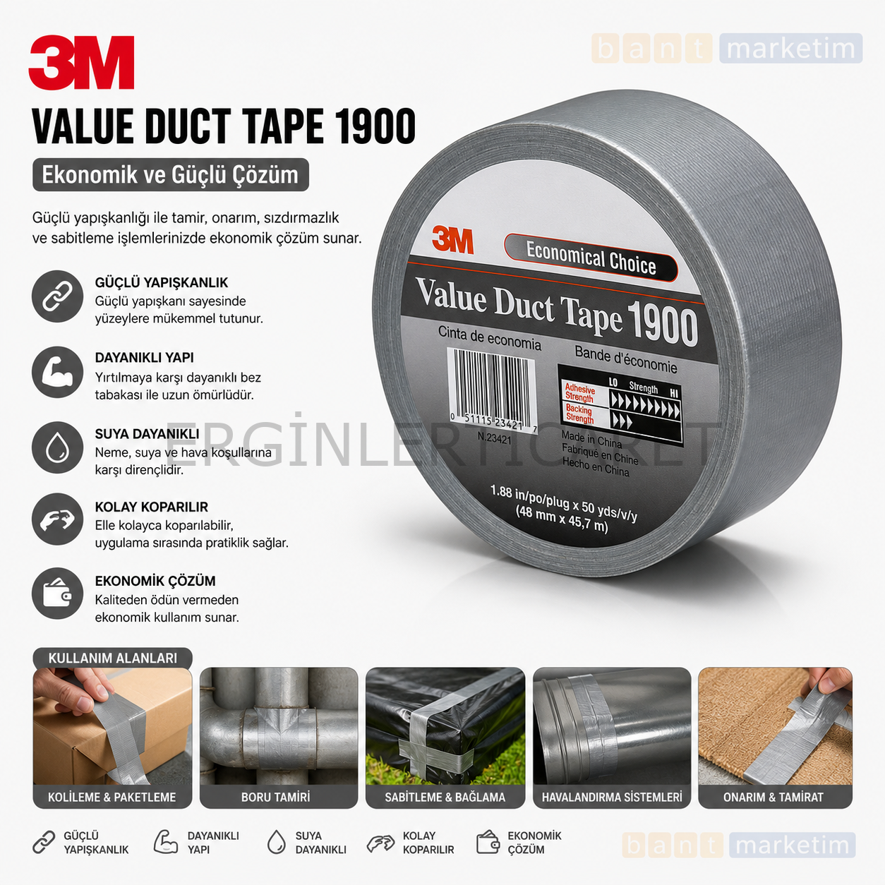 3m 1900 Duck Tape Tamir Kanal Bandı 50mm X 50mt Gri Bant