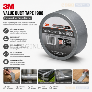 3m 1900 Duck Tape Tamir Kanal Bandı 50mm X 50mt Gri Bant