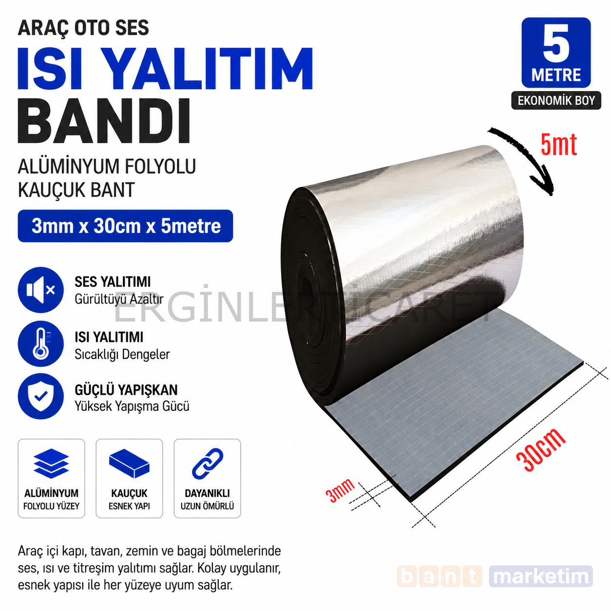 Araç Oto Ses Isı Yalıtım Bandı 3mm x 30cm x 5 Metre Alüminyum Folyolu Kauçuk İzolasyon Bantı