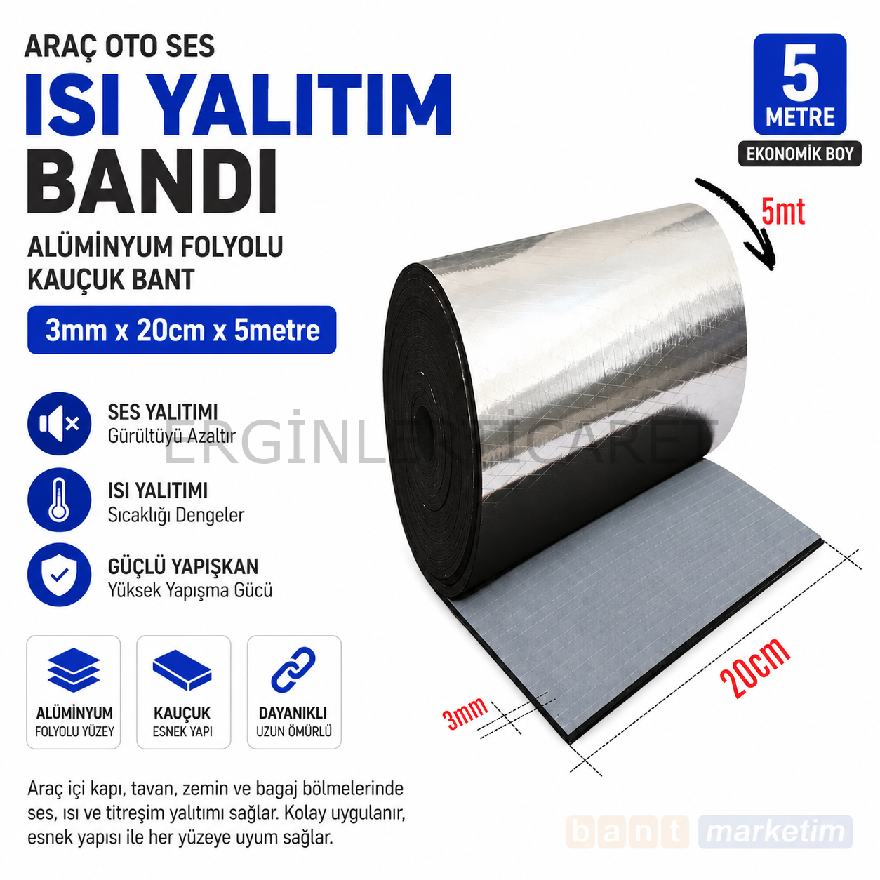 Araç Oto Ses Isı Yalıtım Bandı 3mm x 20cm x 5 Metre Alüminyum Folyolu Kauçuk İzolasyon Bantı
