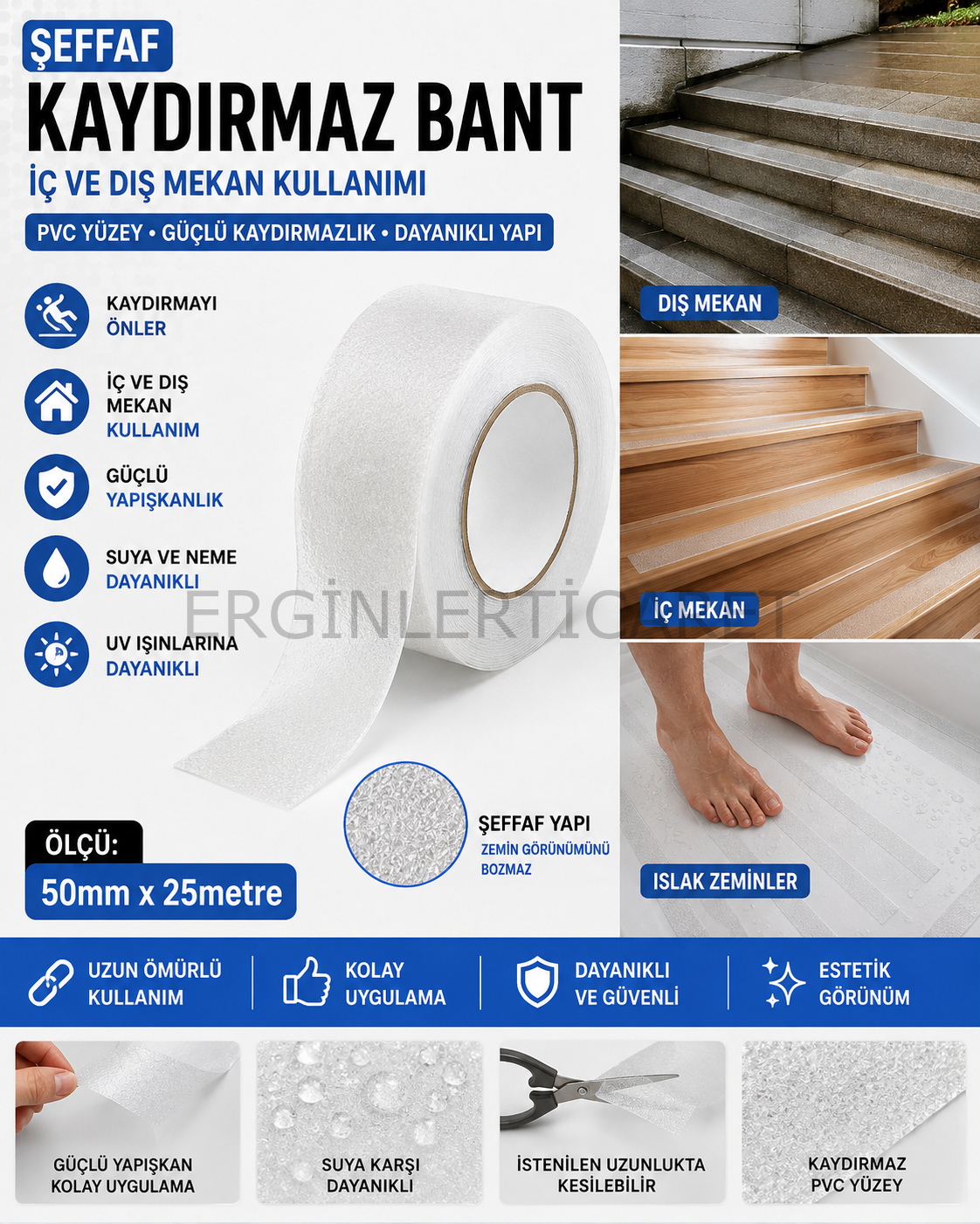 Şeffaf Havuz Banyo Küvet İç ve Dış Mekan Merdiven Kaydırmaz Kaymaz Bant 50mm x 25mt