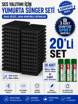 Akustik Yumurta Sünger 40mm 60 DNS Yanmaz 50x50cm 20 Adet + 3 Sprey Yapıştırıcı