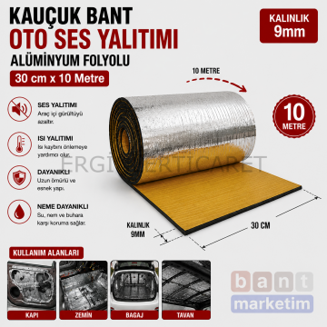 Kauçuk Bant Oto Ses Yalıtımı 9mm Alüminyum Folyolu 30cm x 10 Metre – Araç Ses ve Isı İzolasyon Bandı