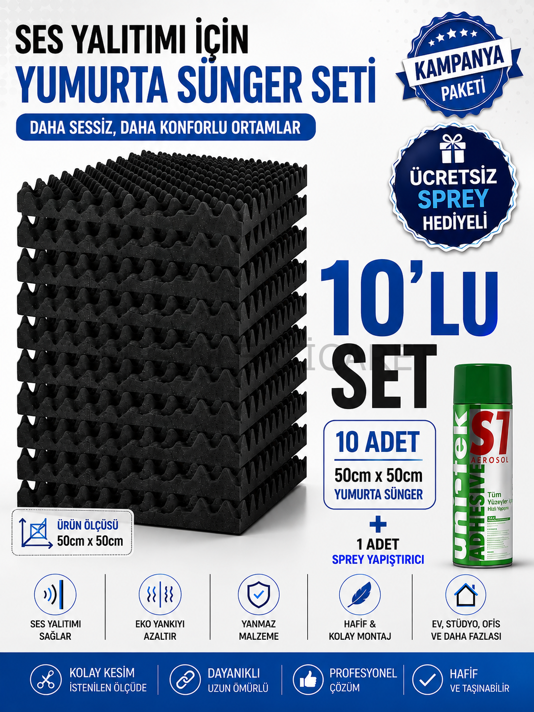 Akustik Yumurta Sünger 25mm 60 DNS Yanmaz 50x50cm 10 Adet + 1 Sprey Yapıştırıcı