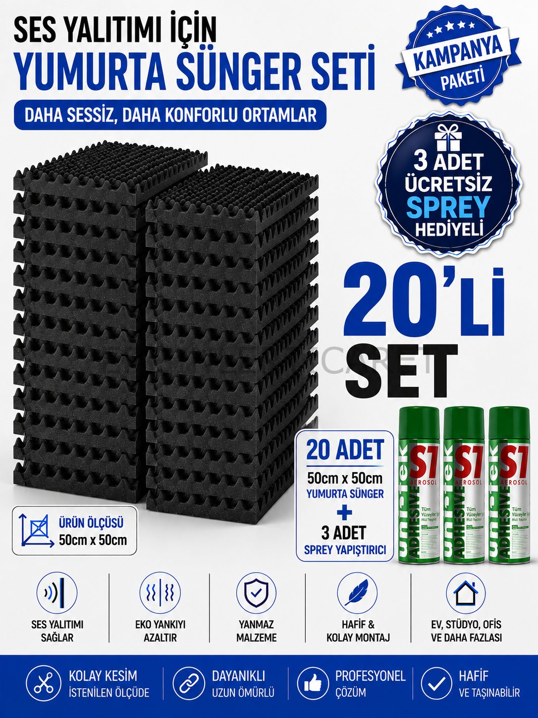 Akustik Yumurta Sünger 25mm 60 DNS Yanmaz 50x50cm 20 Adet + 3 Sprey Yapıştırıcı