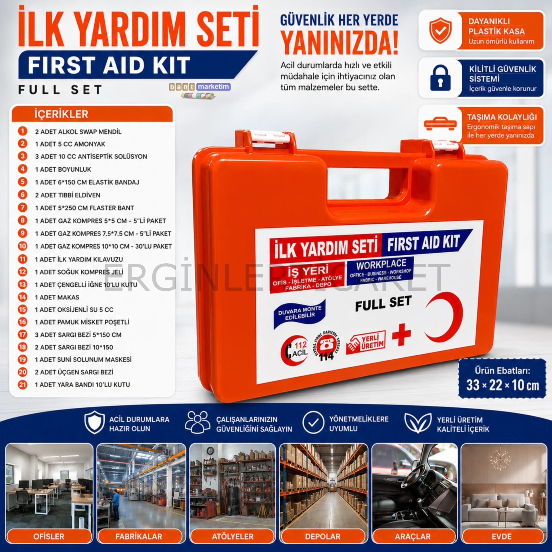Full Set İlk Yardım Çantası – İş Yeri, Ofis, Fabrika, Araç ve Ev İçin Acil Yardım Seti (1ADET)