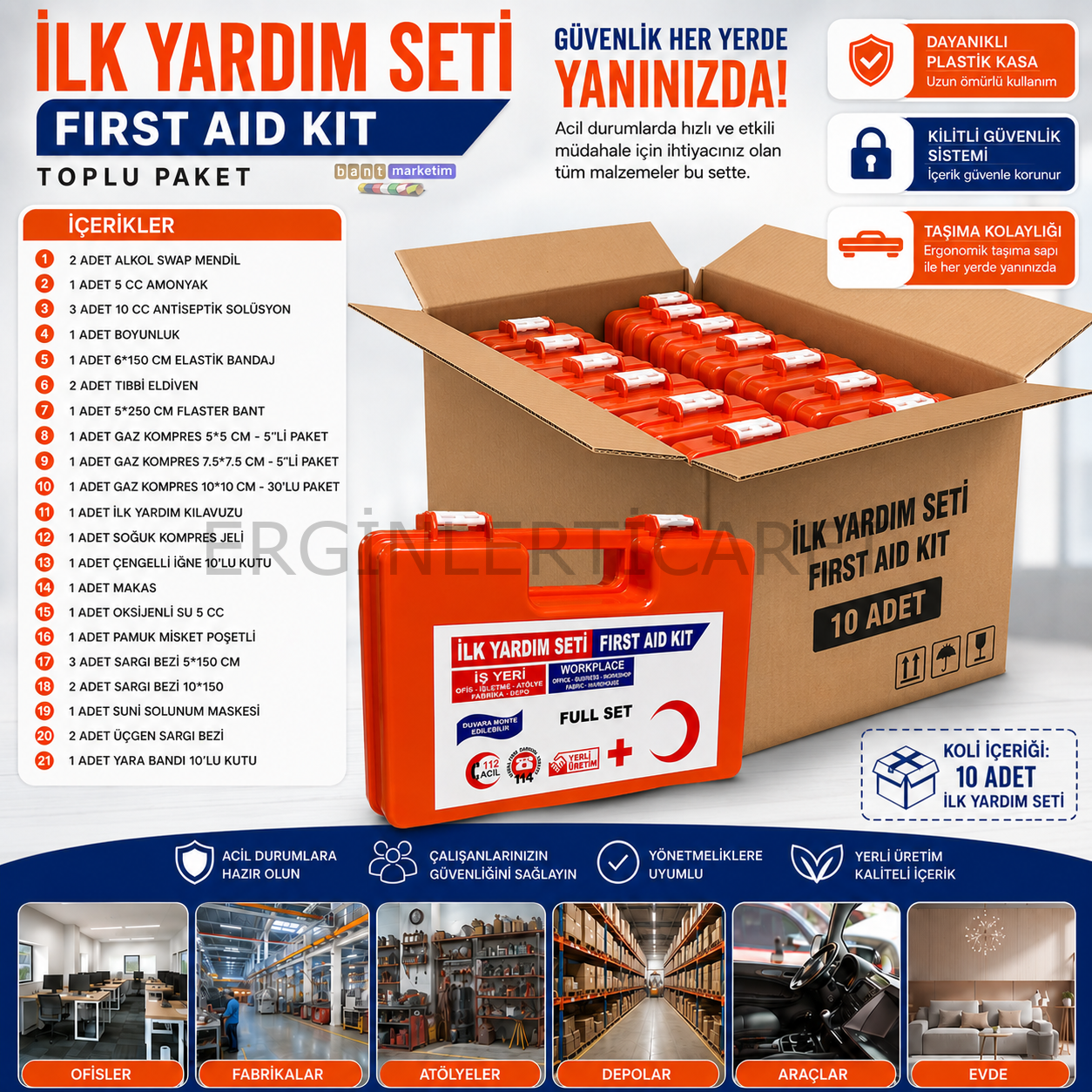 İlk Yardım Çantası Full Set – 10 Adet Toplu Paket, İş Yeri, Fabrika, Ofis ve Araç İçin (10 Adet)