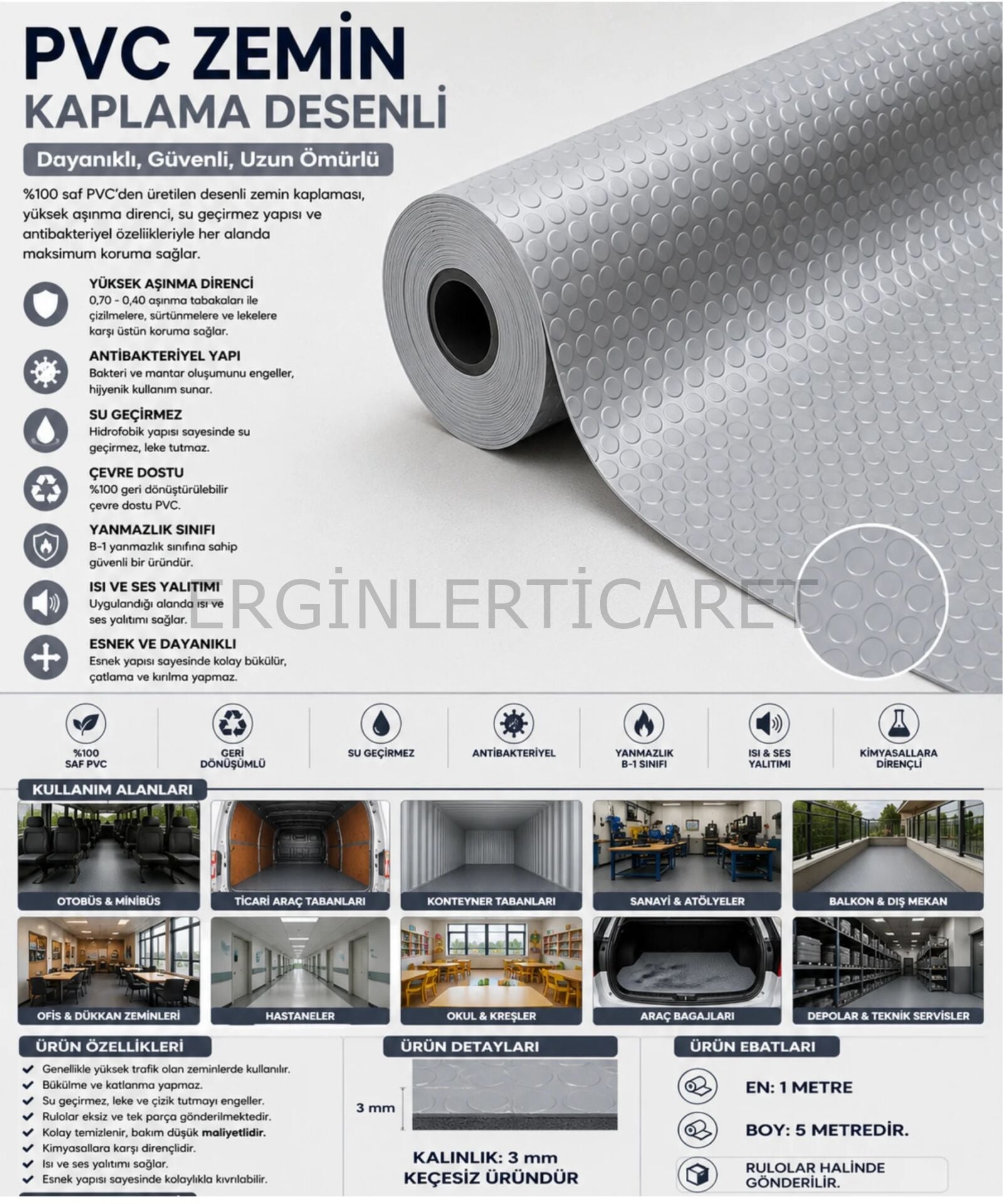 PVC Desenli Zemin Kaplama Muşambası 2mm 1x5 Metre Kaymaz Araç Konteyner Oto Taban Kaplaması Gri