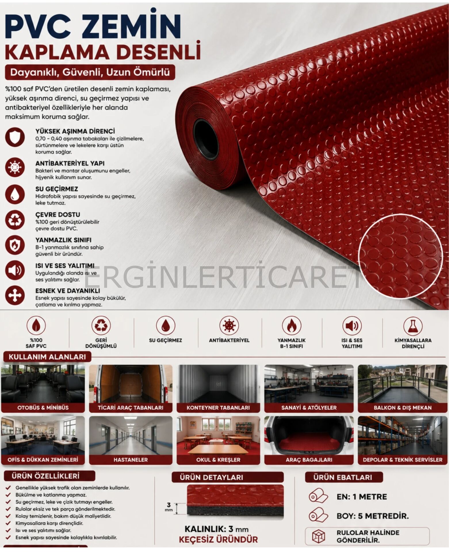 PVC Desenli Zemin Kaplama Muşambası 2mm 1x5 Metre Kaymaz Araç Konteyner Oto Taban Kaplaması Bordo
