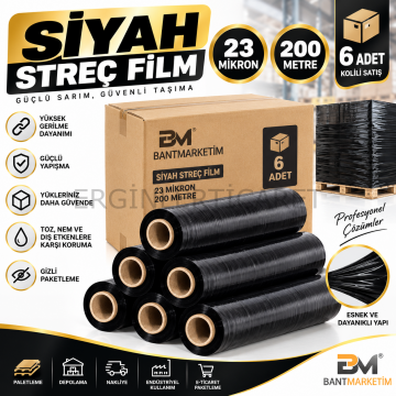 Siyah Streç Film 23 Mikron 200 Metre 6'lı Koli Palet Sarma ve Ambalaj Filmi